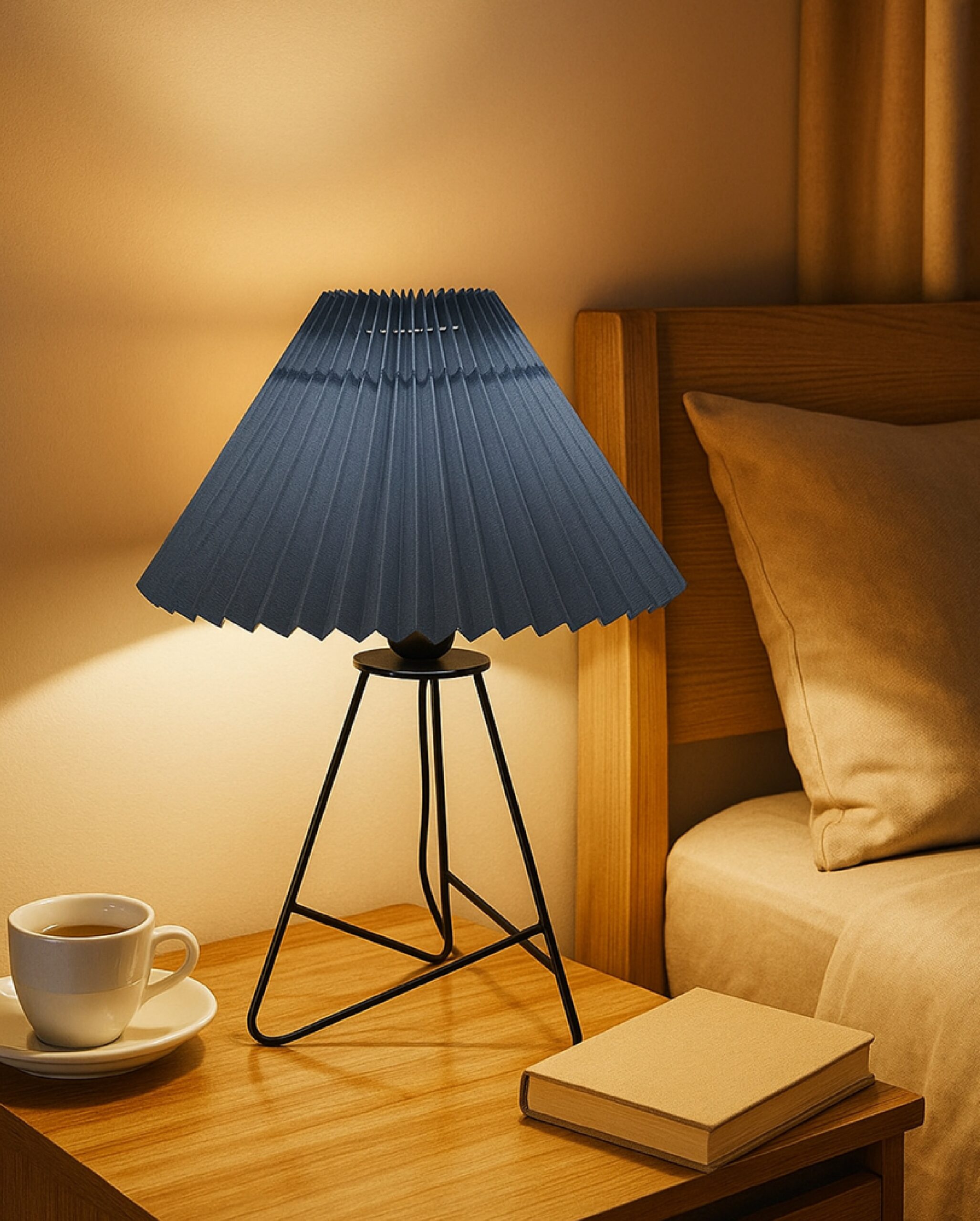 Modern Table Lamp with Iron Tripod Base and Pleated Fabric Shade – Warm Light for Bedroom, Living Room, or Study Desk(Pleated Grey)