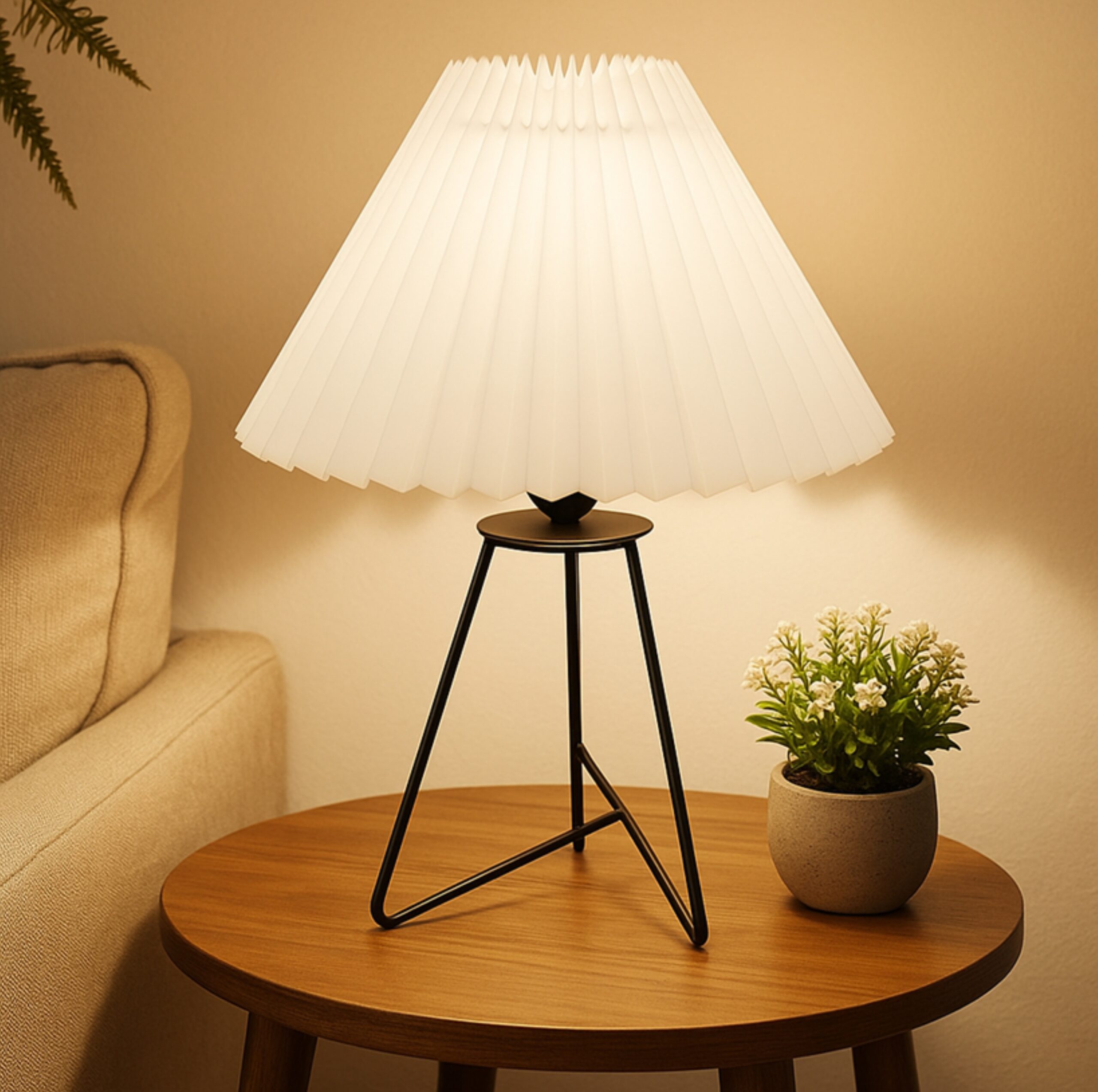 Modern Table Lamp with Iron Tripod Base and Pleated Fabric Shade – Warm Light for Bedroom, Living Room, or Study Desk(Pleated White)