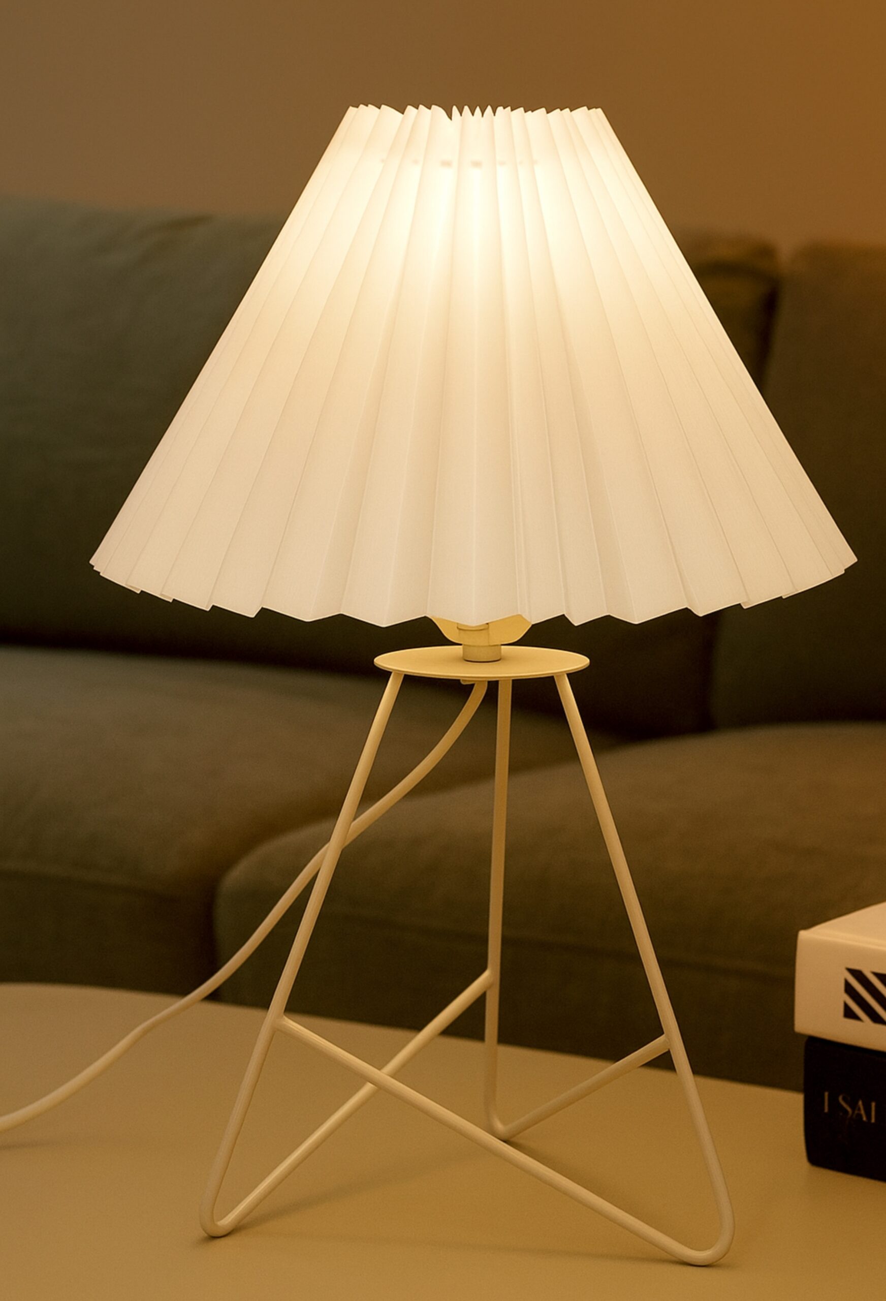 Modern Table Lamp with Iron Tripod Base and Pleated Fabric Shade – Warm Light for Bedroom, Living Room, or Study Desk(White)