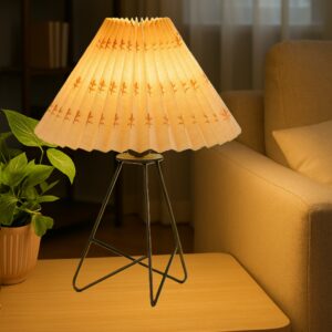 Modern Table Lamp with Iron Tripod Base and Pleated Fabric Shade – Warm Light for Bedroom, Living Room, or Study Desk(Floral Petal Shade)