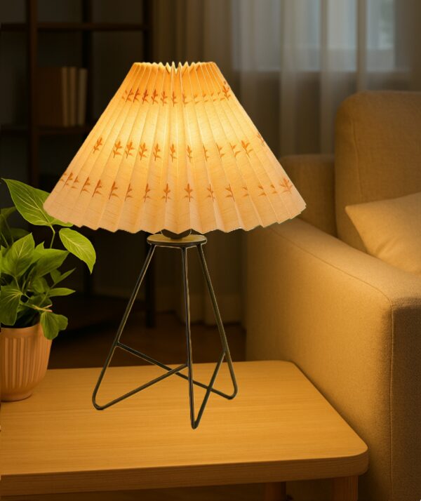 Modern Table Lamp with Iron Tripod Base and Pleated Fabric Shade – Warm Light for Bedroom, Living Room, or Study Desk(Floral Petal Shade)