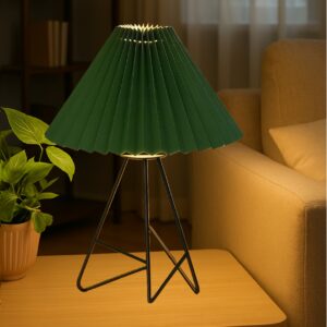 Modern Table Lamp with Iron Tripod Base and Pleated Fabric Shade – Warm Light for Bedroom, Living Room, or Study Desk(Green)