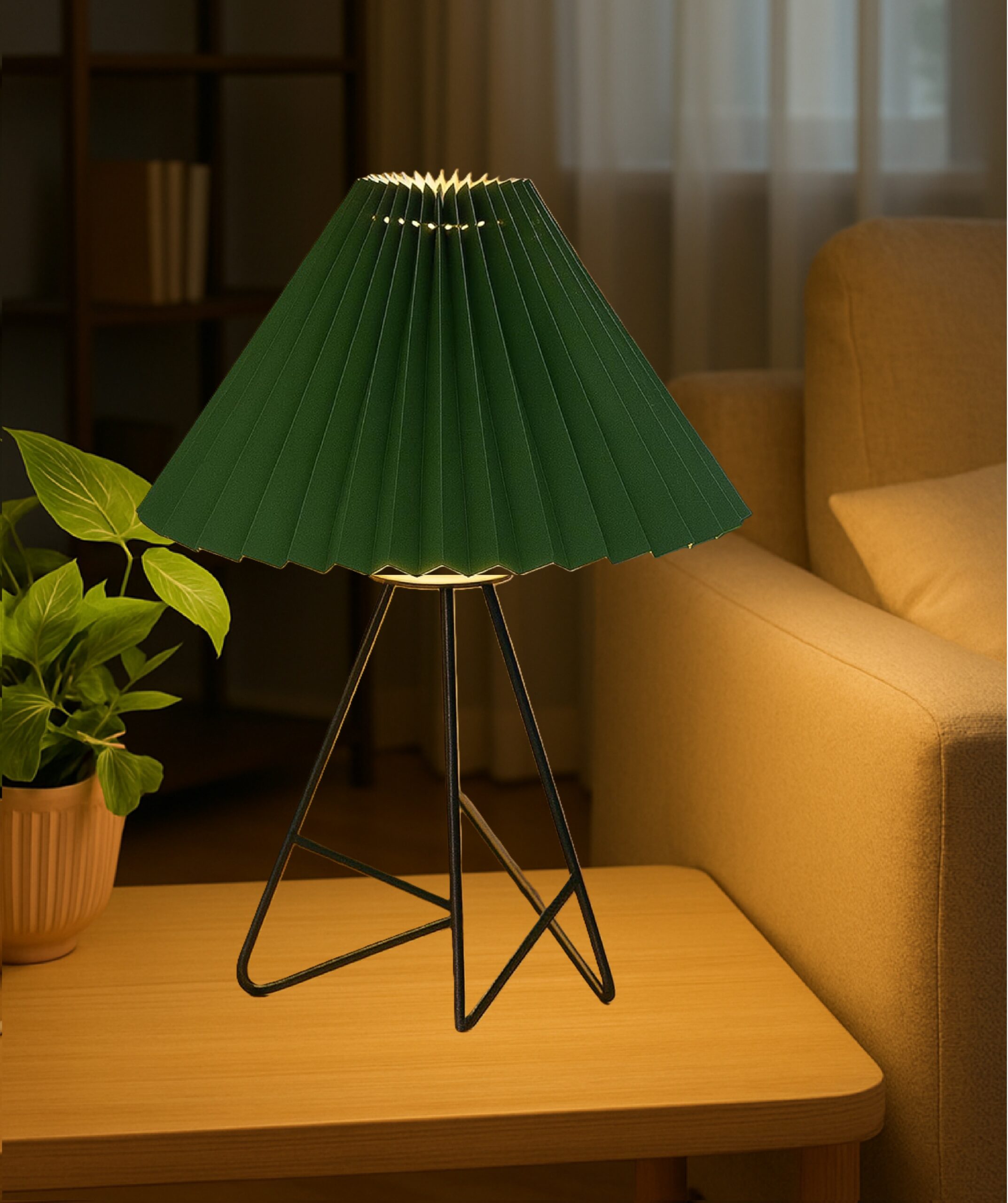 Modern Table Lamp with Iron Tripod Base and Pleated Fabric Shade – Warm Light for Bedroom, Living Room, or Study Desk(Green)