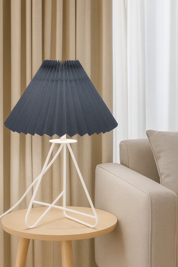 Modern Table Lamp with Iron Tripod Base and Pleated Fabric Shade – Warm Light for Bedroom, Living Room, or Study Desk(Grey) - Image 2