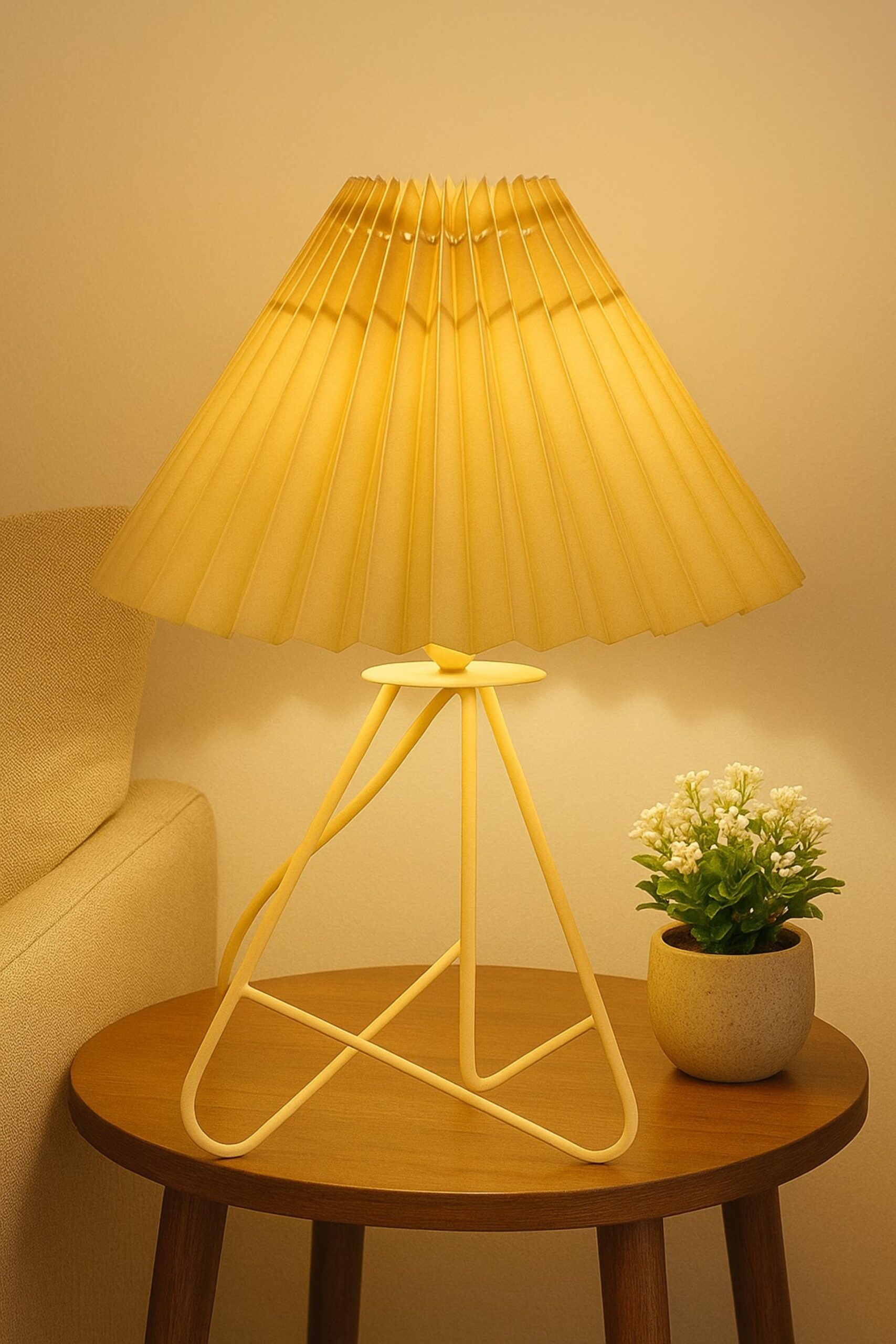 Modern Table Lamp with Iron Tripod Base and Pleated Fabric Shade – Warm Light for Bedroom, Living Room, or Study Desk(Hazelnut)