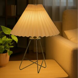 Modern Table Lamp with Iron Tripod Base and Pleated Fabric Shade – Warm Light for Bedroom, Living Room, or Study Desk(Hazelnut Shade)