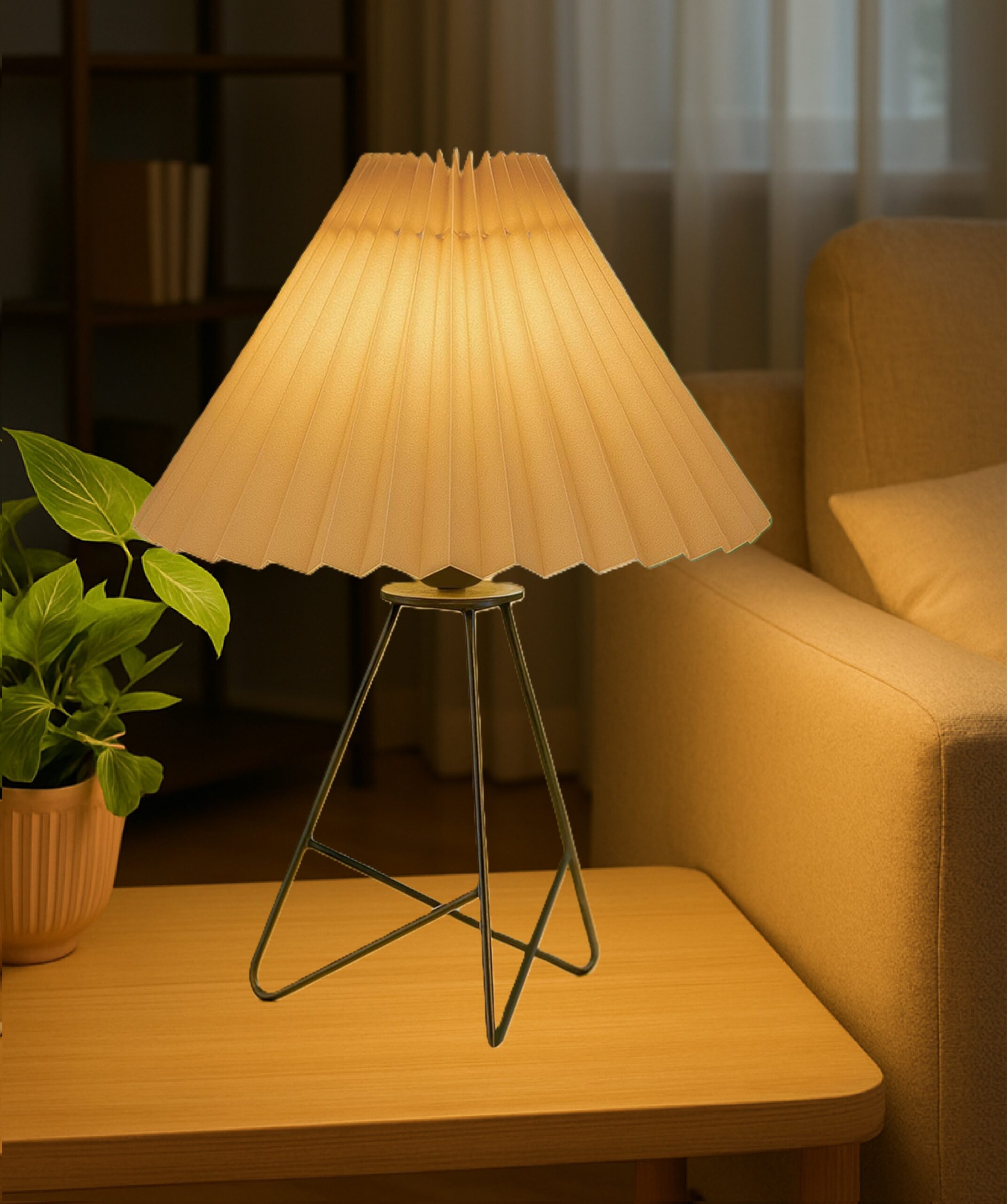 Modern Table Lamp with Iron Tripod Base and Pleated Fabric Shade – Warm Light for Bedroom, Living Room, or Study Desk(Hazelnut Shade)