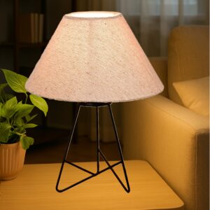 Modern Table Lamp with Iron Tripod Base and Pleated Fabric Shade – Warm Light for Bedroom, Living Room, or Study Desk(Jute Cone)