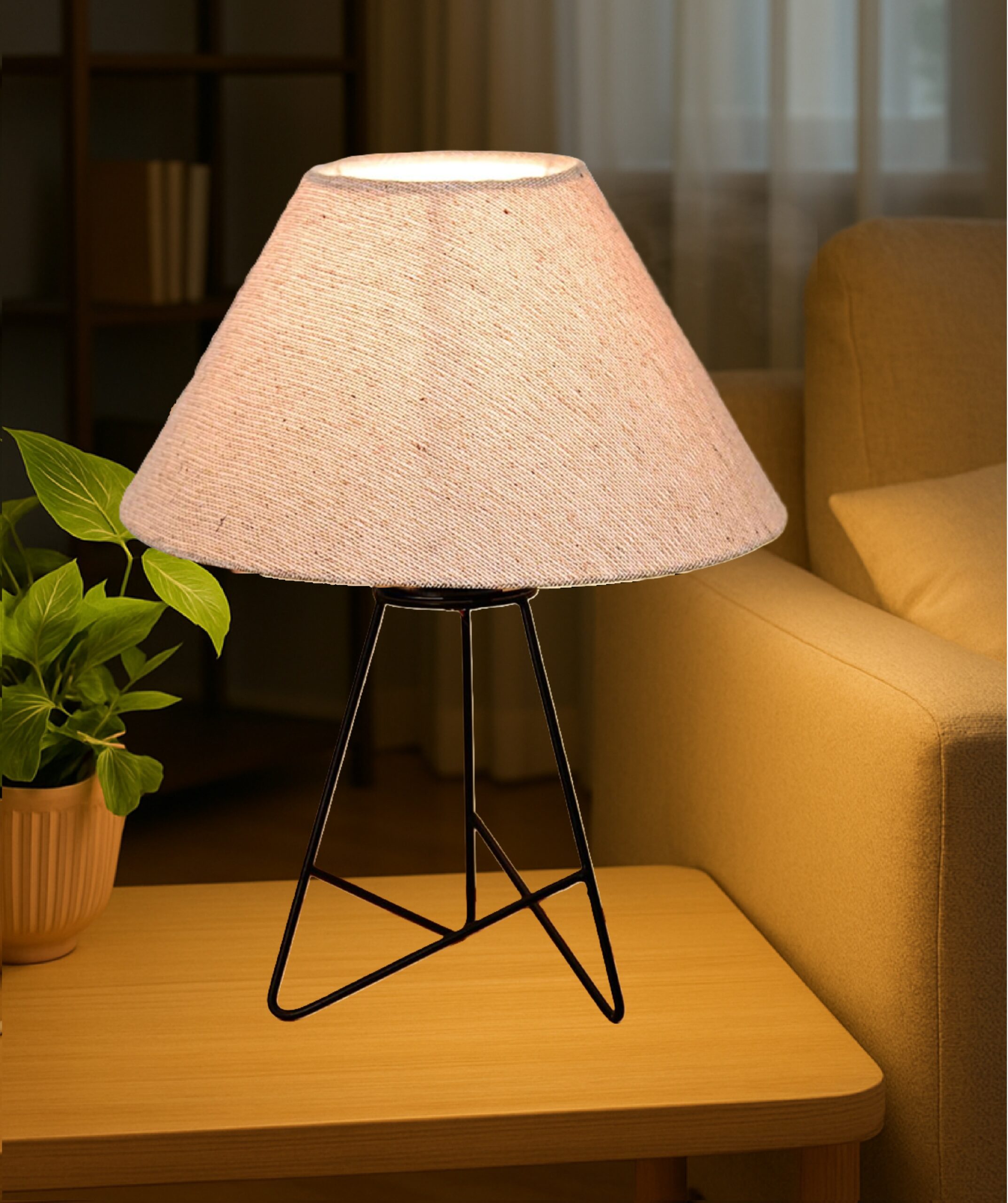 Modern Table Lamp with Iron Tripod Base and Pleated Fabric Shade – Warm Light for Bedroom, Living Room, or Study Desk(Jute Cone)