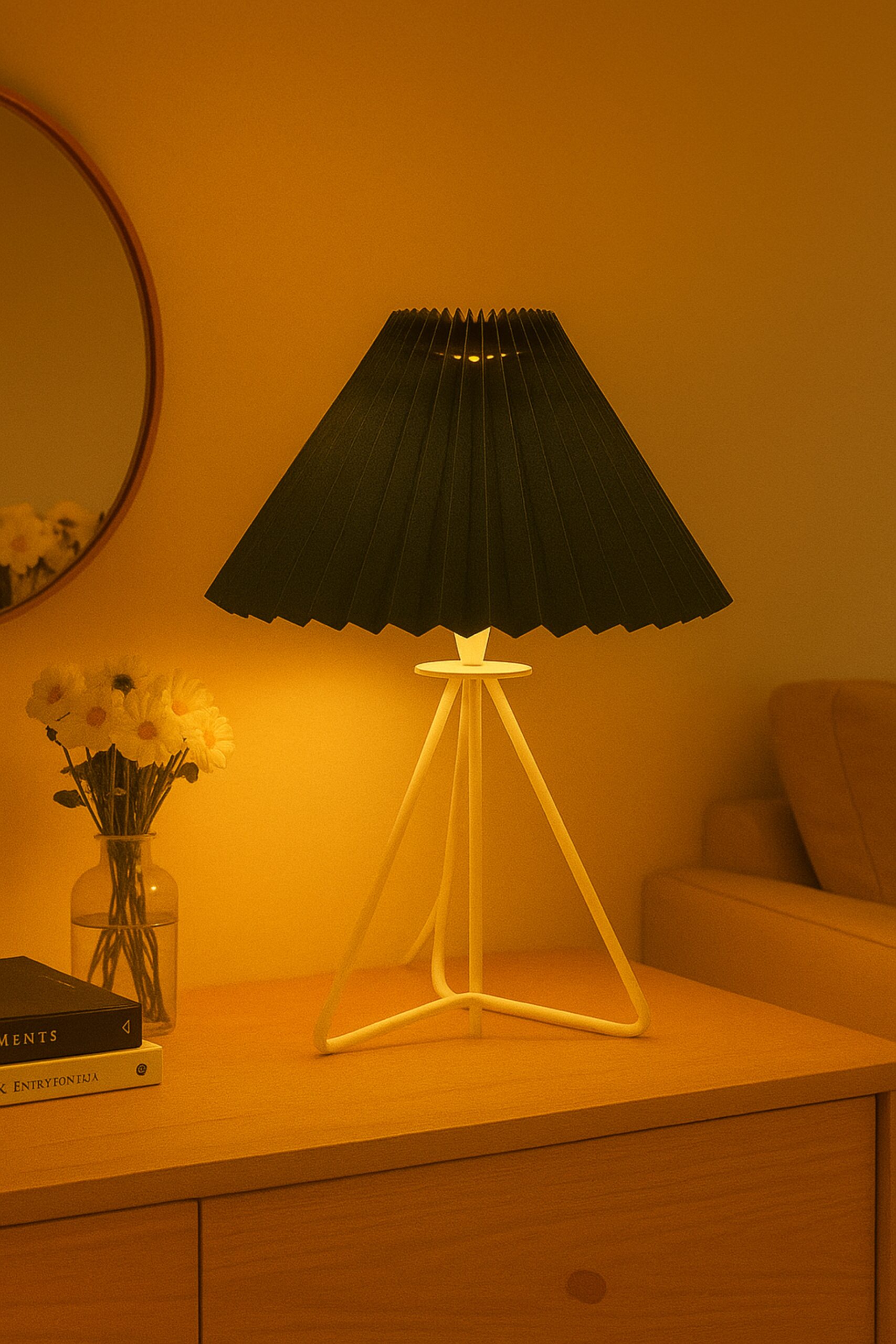 Modern Table Lamp with Iron Tripod Base and Pleated Fabric Shade – Warm Light for Bedroom, Living Room, or Study Desk(Grey)