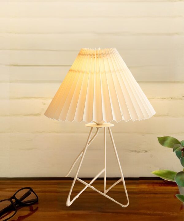 Modern Table Lamp with Iron Tripod Base and Pleated Fabric Shade – Warm Light for Bedroom, Living Room, or Study Desk(Off-White) - Image 2