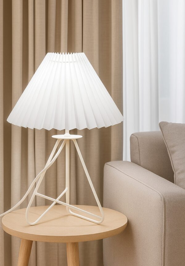 Modern Table Lamp with Iron Tripod Base and Pleated Fabric Shade – Warm Light for Bedroom, Living Room, or Study Desk(White) - Image 2