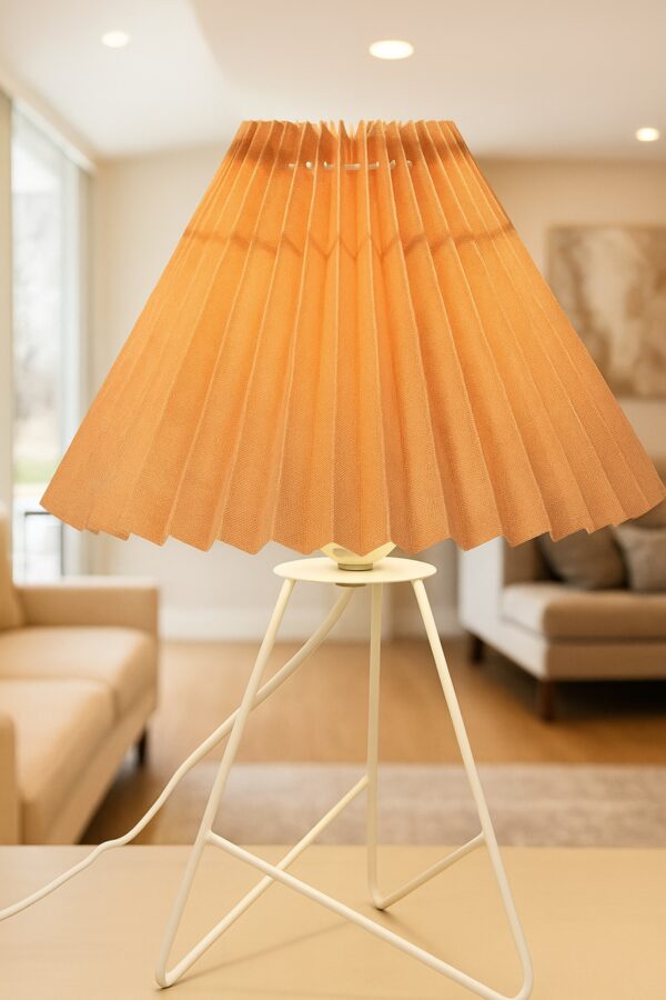Modern Table Lamp with Iron Tripod Base and Pleated Fabric Shade – Warm Light for Bedroom, Living Room, or Study Desk(BEIGE) - Image 5
