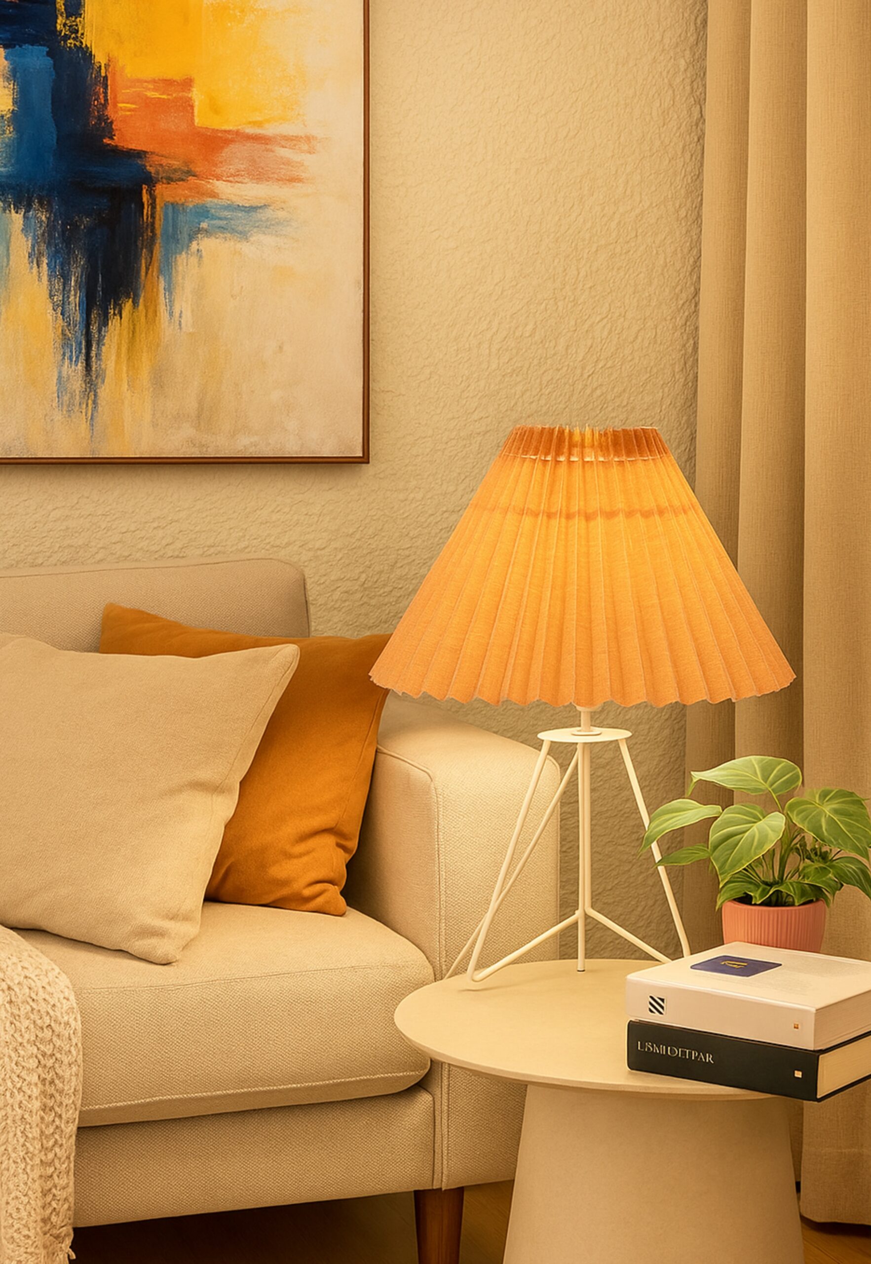 Modern Table Lamp with Iron Tripod Base and Pleated Fabric Shade – Warm Light for Bedroom, Living Room, or Study Desk(BEIGE)