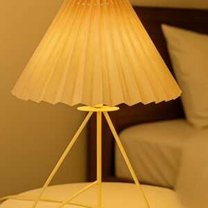 Modern Table Lamp with Iron Tripod Base and Pleated Fabric Shade – Warm Light for Bedroom, Living Room, or Study Desk(Khadi)