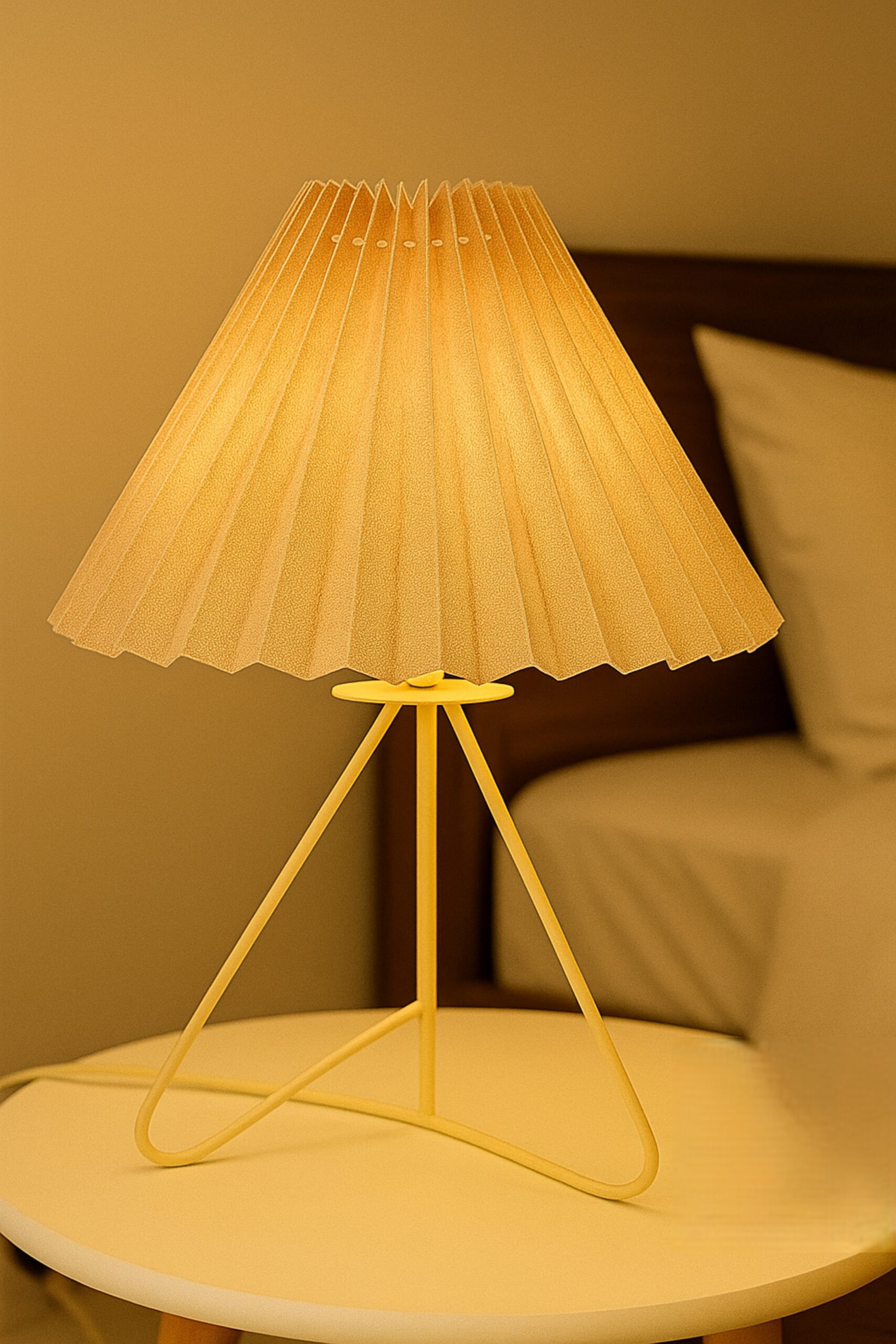 Modern Table Lamp with Iron Tripod Base and Pleated Fabric Shade – Warm Light for Bedroom, Living Room, or Study Desk(Premium Jute)