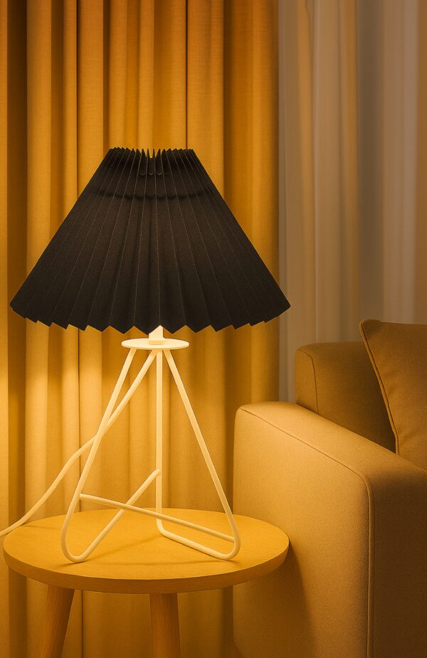 Modern Table Lamp with Iron Tripod Base and Pleated Fabric Shade – Warm Light for Bedroom, Living Room, or Study Desk(Grey) - Image 4