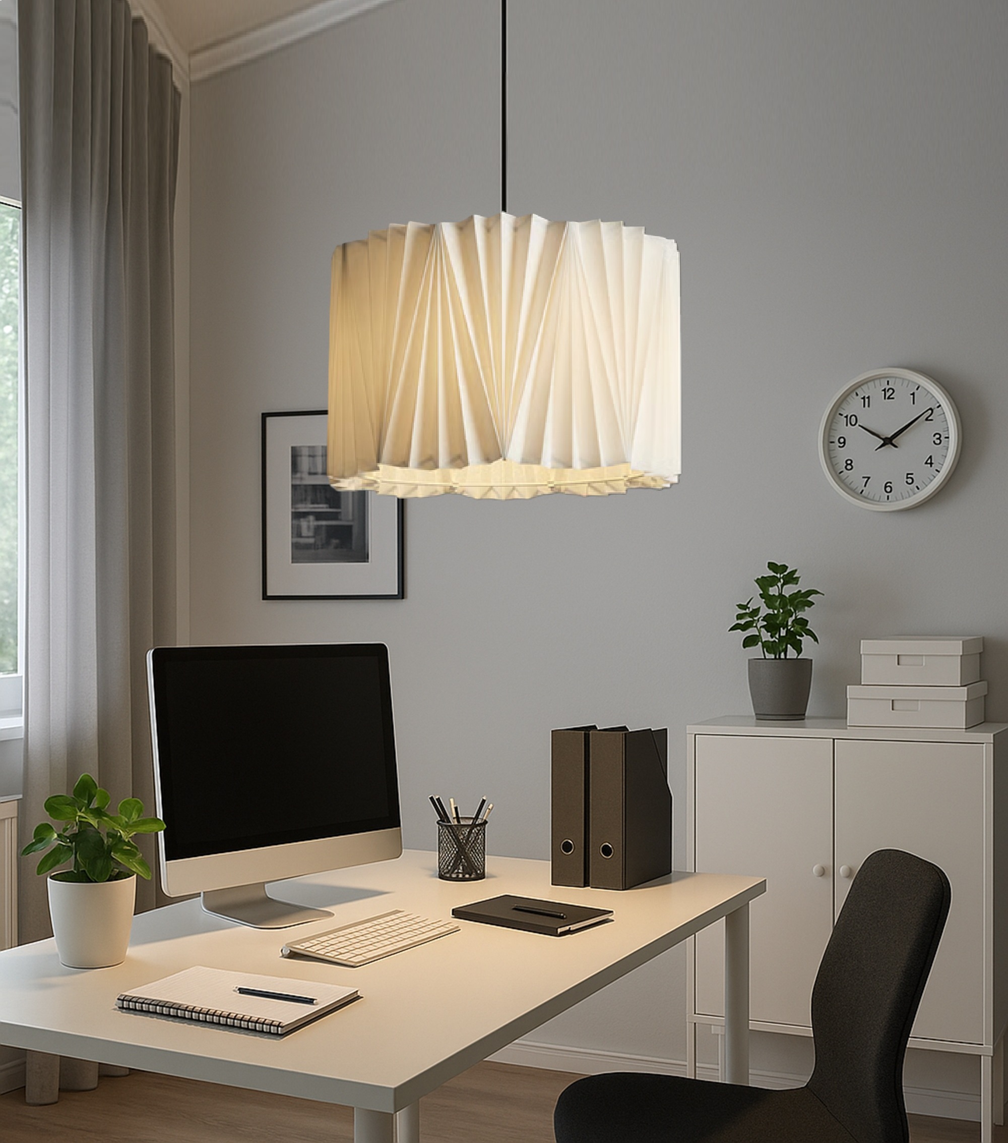 17-Inch Pleated Fabric Lampshade – Modern  Light for Home Office, Bedroom or Living Room – Soft Ambient Drum Ceiling Light Fixture