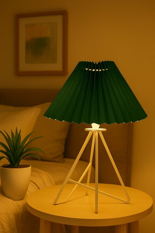Modern Table Lamp with Iron Tripod Base and Pleated Fabric Shade – Warm Light for Bedroom, Living Room, or Study Desk(Dark Green) - Image 3