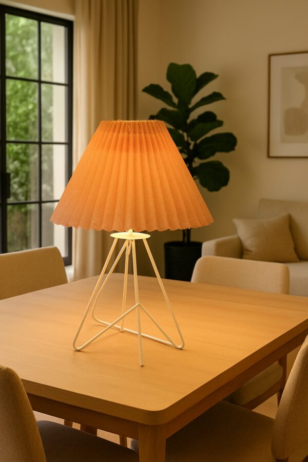 Modern Table Lamp with Iron Tripod Base and Pleated Fabric Shade – Warm Light for Bedroom, Living Room, or Study Desk(BEIGE) - Image 3