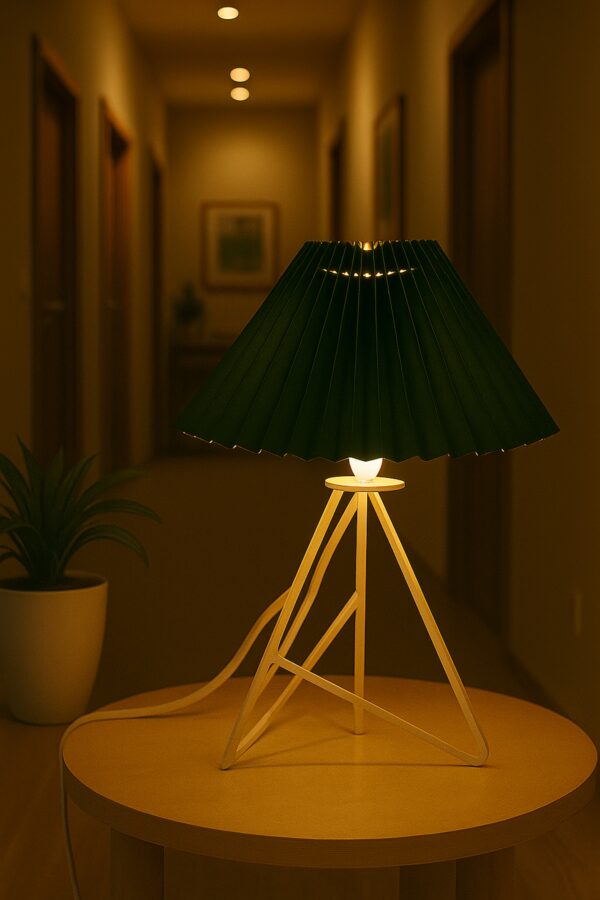Modern Table Lamp with Iron Tripod Base and Pleated Fabric Shade – Warm Light for Bedroom, Living Room, or Study Desk(Dark Green) - Image 5