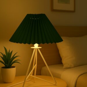 Modern Table Lamp with Iron Tripod Base and Pleated Fabric Shade – Warm Light for Bedroom, Living Room, or Study Desk(Dark Green)