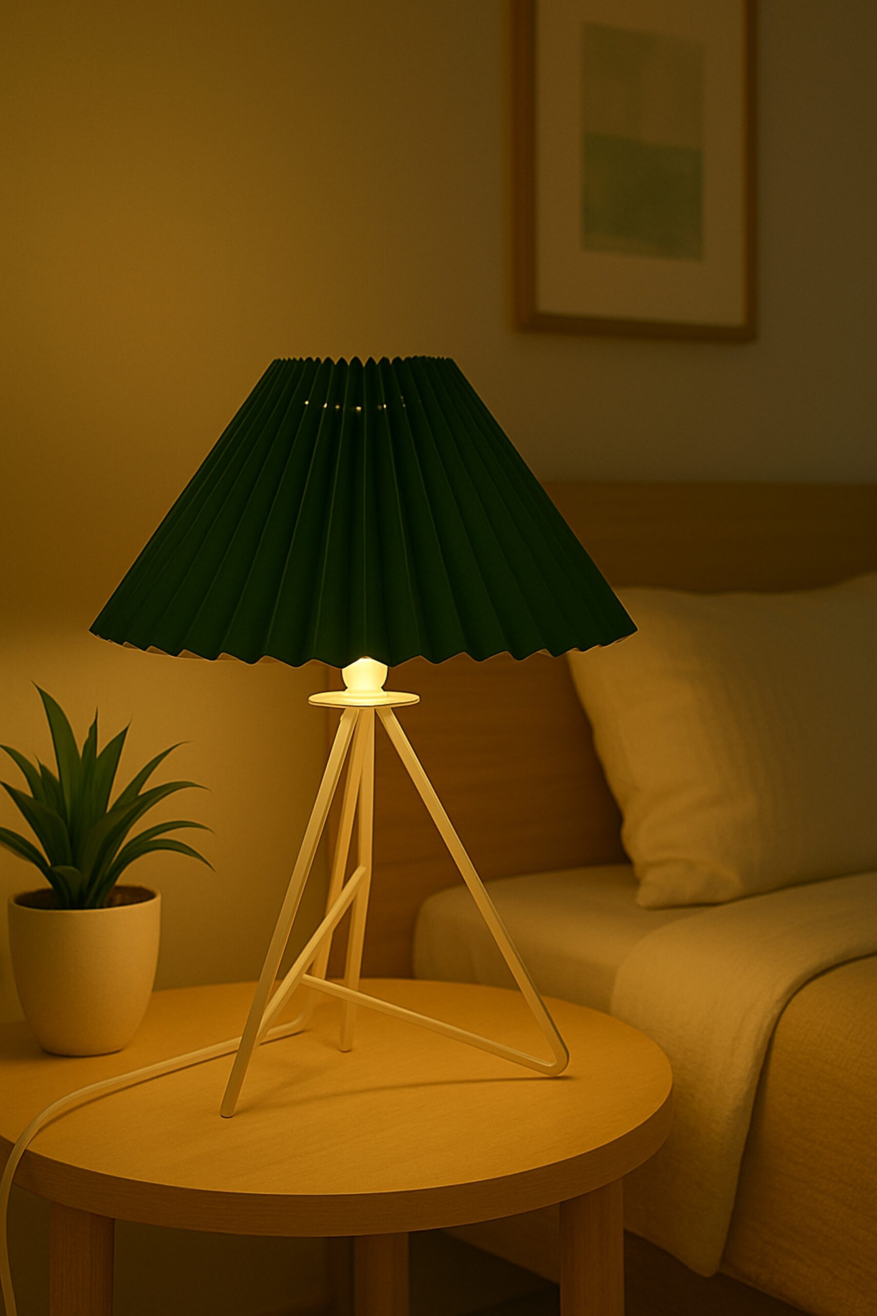 Modern Table Lamp with Iron Tripod Base and Pleated Fabric Shade – Warm Light for Bedroom, Living Room, or Study Desk(Dark Green)