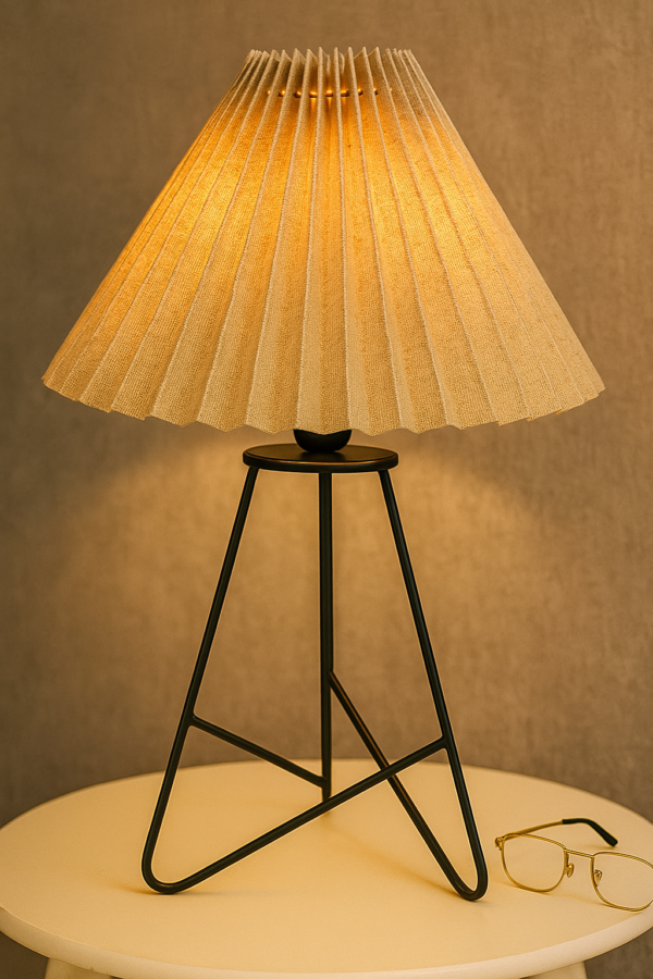 Modern Table Lamp with Iron Tripod Base and Pleated Fabric Shade – Warm Light for Bedroom, Living Room, or Study Desk(Premium Jute) - Image 3