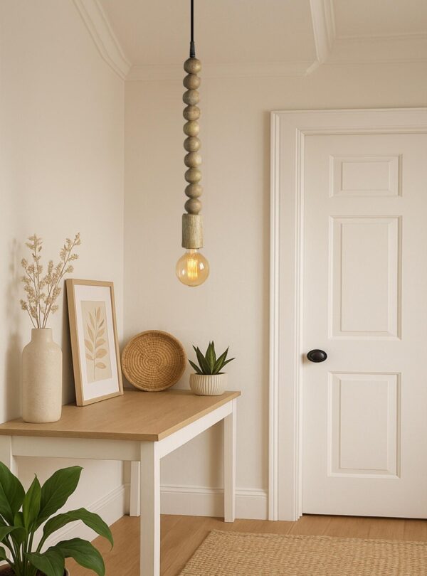 Rustic Wooden Beaded Pendant Light – Handcrafted Boho Ceiling Lamp with Edison Bulb for Farmhouse Decor - Cream(Round)