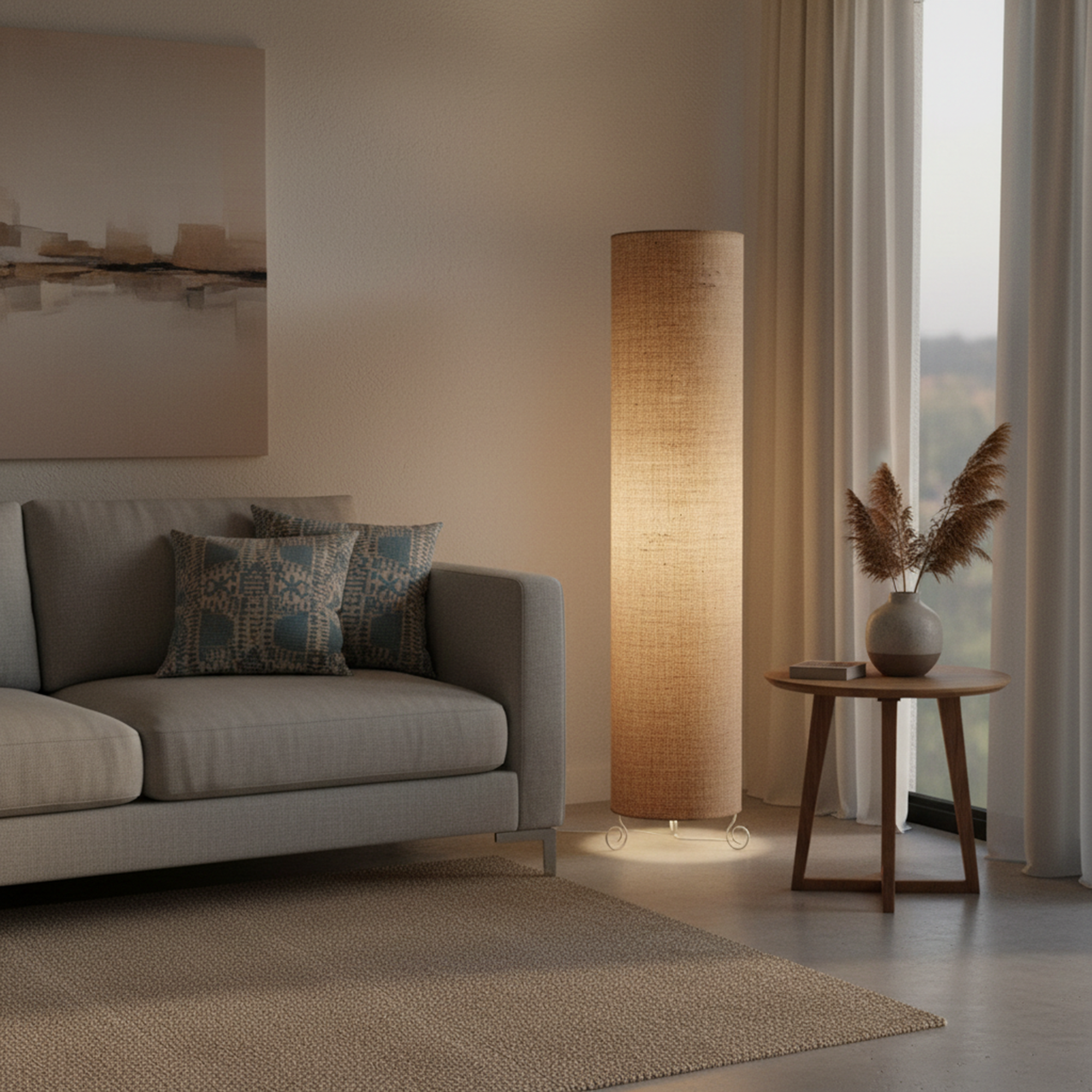 Cylinder Shape Floor Lamp with Metal Base – Modern Corner Light (NATURAL JUTE) - Image 6