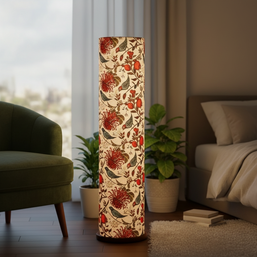 Wooden Base Cylinder Shape Corner Decorative Floor Lamp, Bird Shade- Pack Of 1