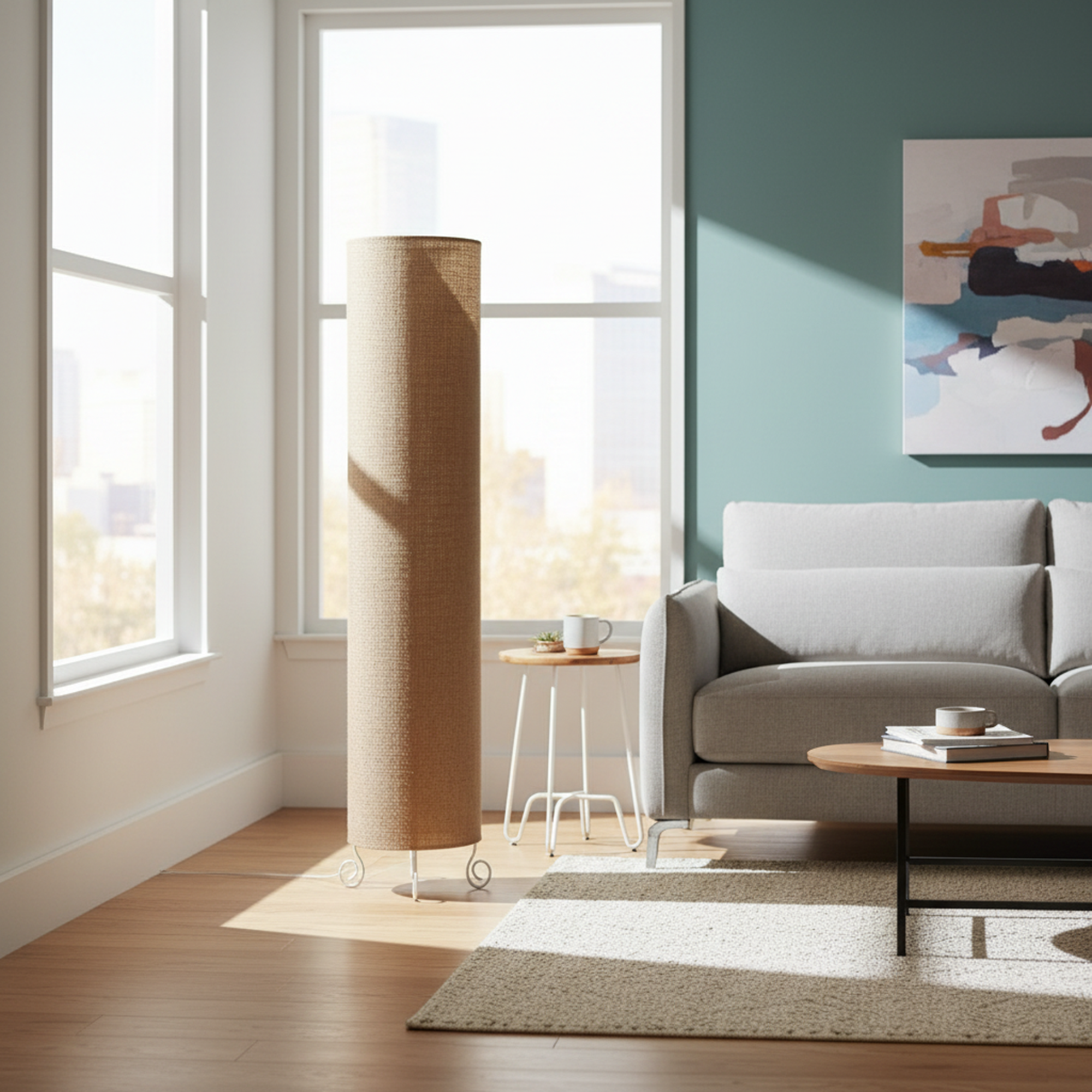 Cylinder Shape Floor Lamp with Metal Base – Modern Corner Light (NATURAL JUTE) - Image 5