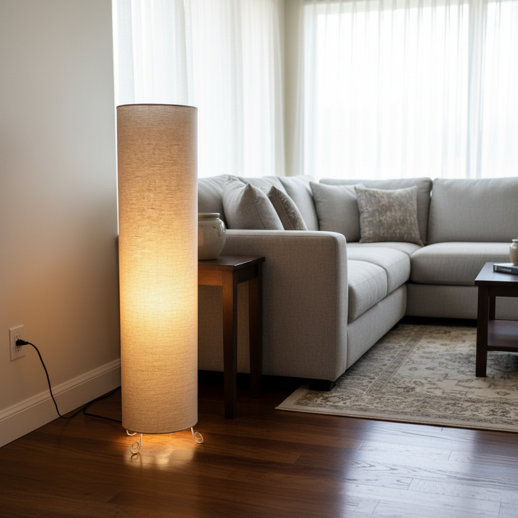 Cylinder Shape Floor Lamp with Metal Base – Modern Corner Light (BEIGE) - Image 5