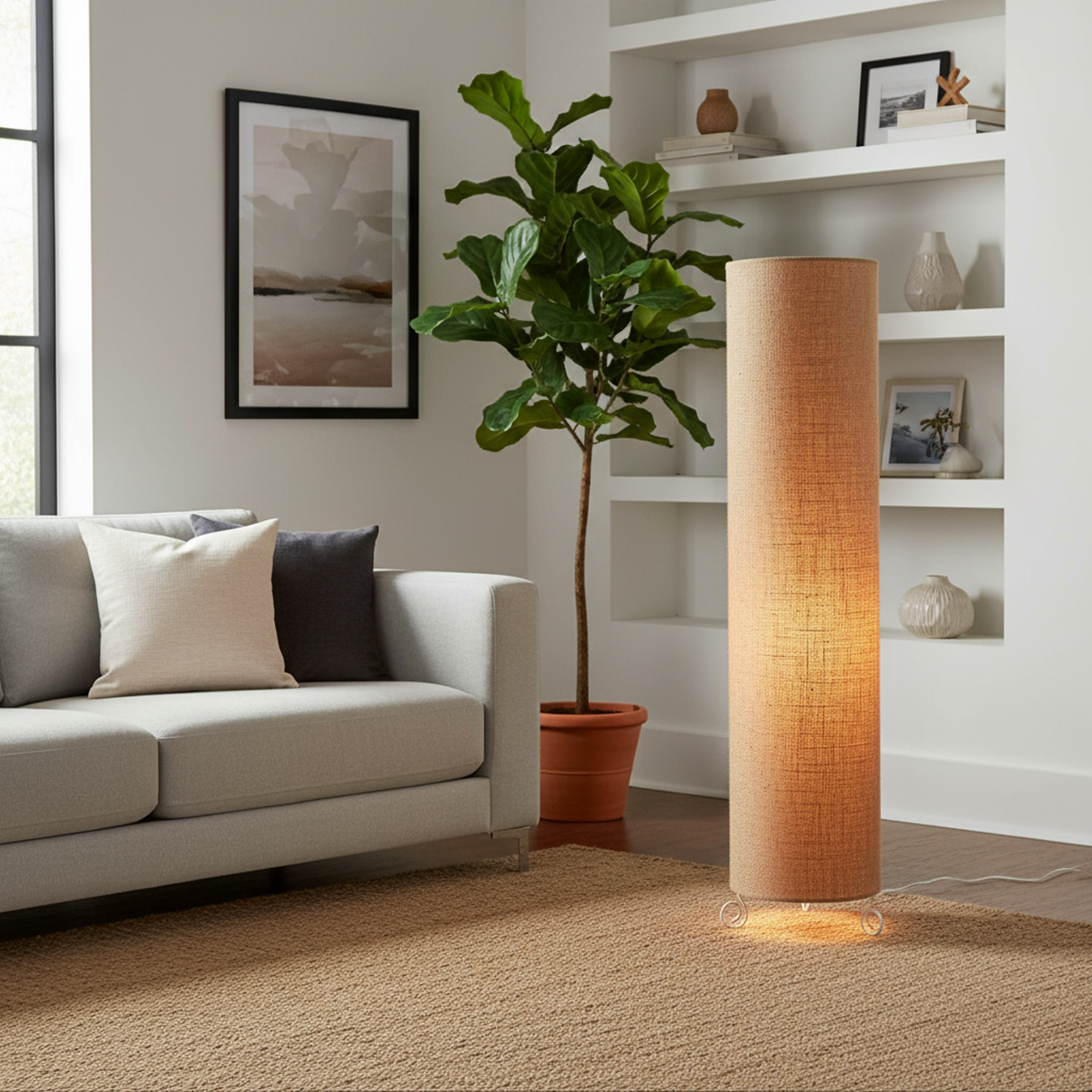 Cylinder Shape Floor Lamp with Metal Base – Modern Corner Light (NATURAL JUTE) - Image 3