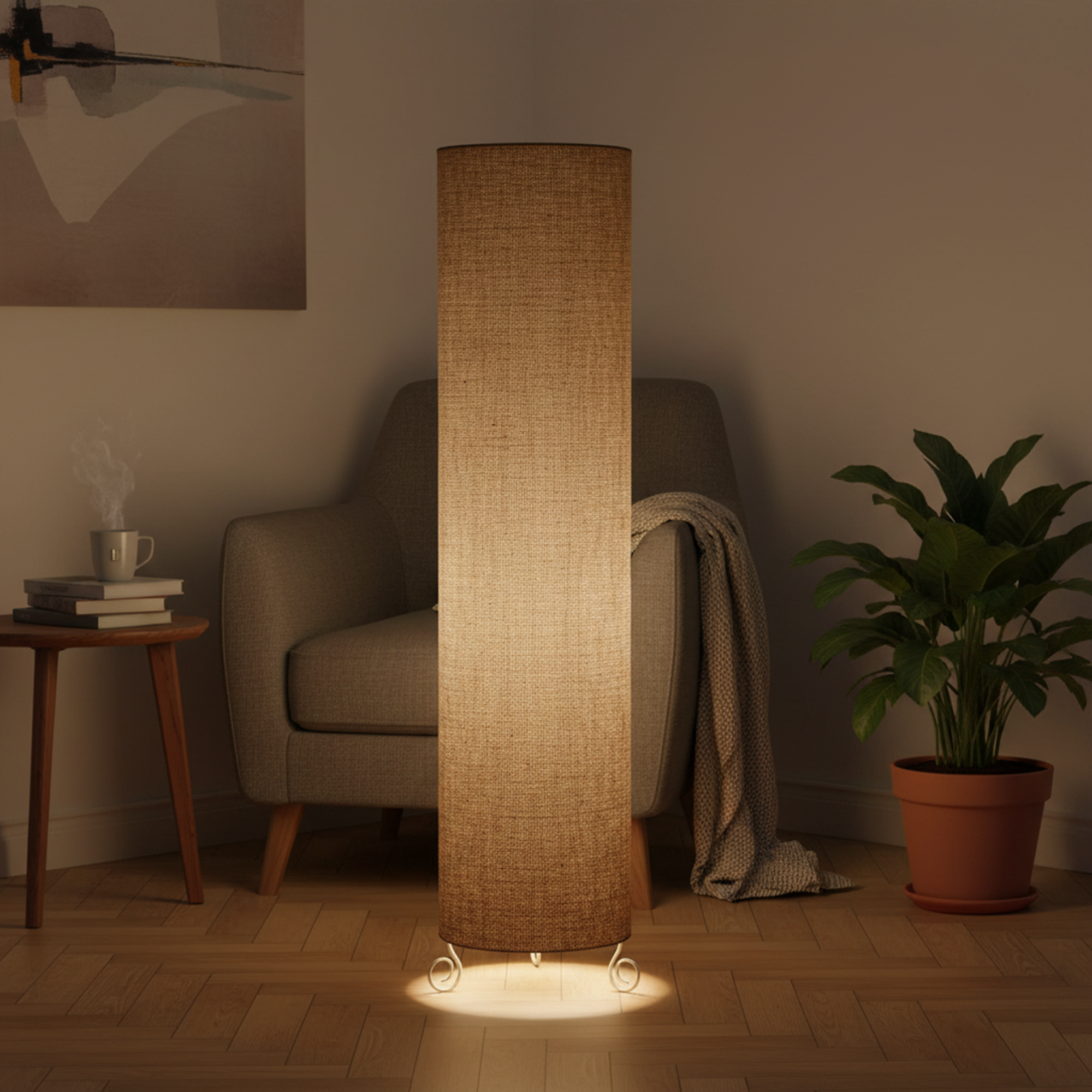 Cylinder Shape Floor Lamp with Metal Base – Modern Corner Light (NATURAL JUTE) - Image 2