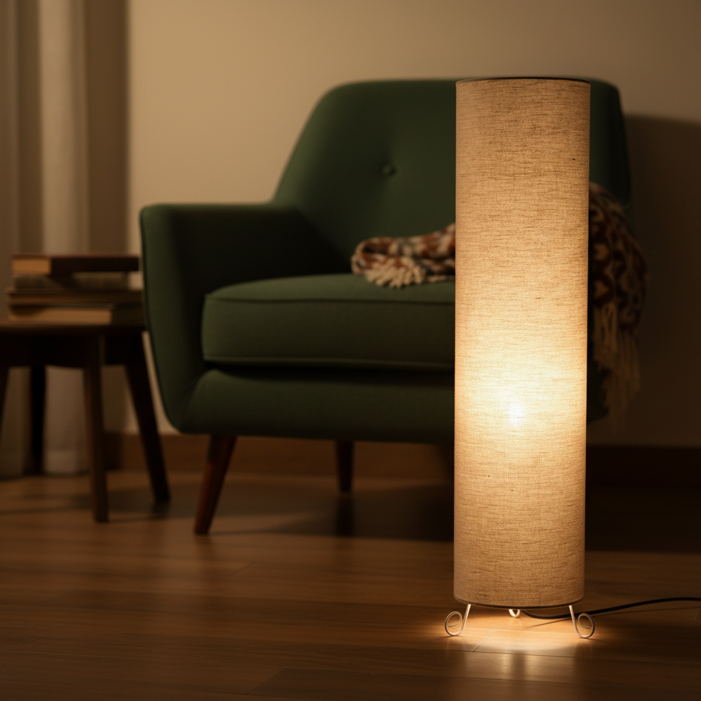 Cylinder Shape Floor Lamp with Metal Base – Modern Corner Light (BEIGE) - Image 9