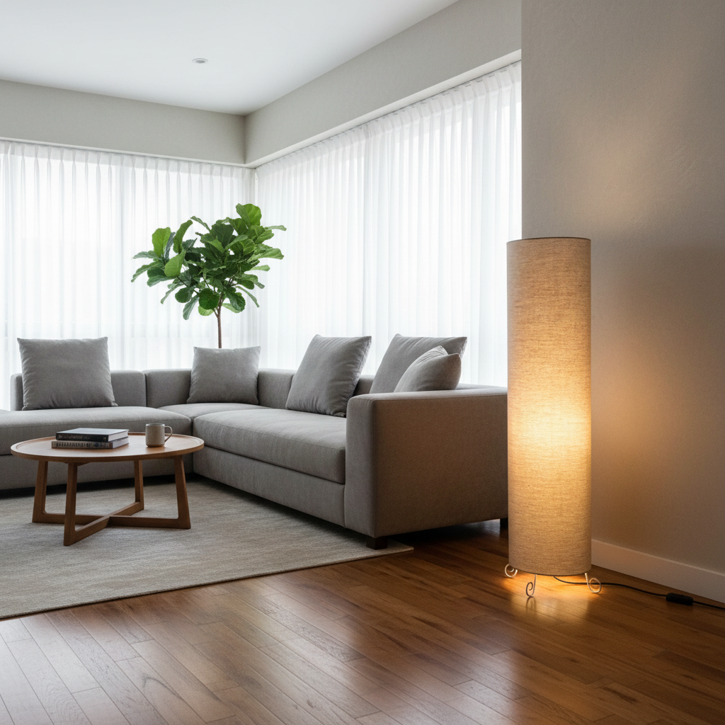 Cylinder Shape Floor Lamp with Metal Base – Modern Corner Light (BEIGE) - Image 7