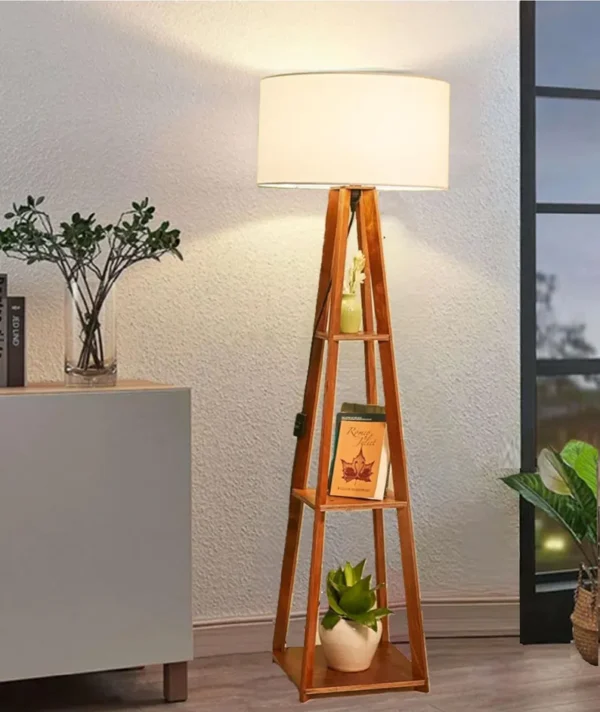 BTR CRAFTS Wooden Floor Lamp with Shelf – Natural Finish and Multicolor Handmade Shades (CREAM)
