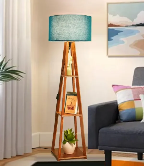 BTR CRAFTS Wooden Floor Lamp with Shelf – Natural Finish and Multicolor Handmade Shades (TEAL)