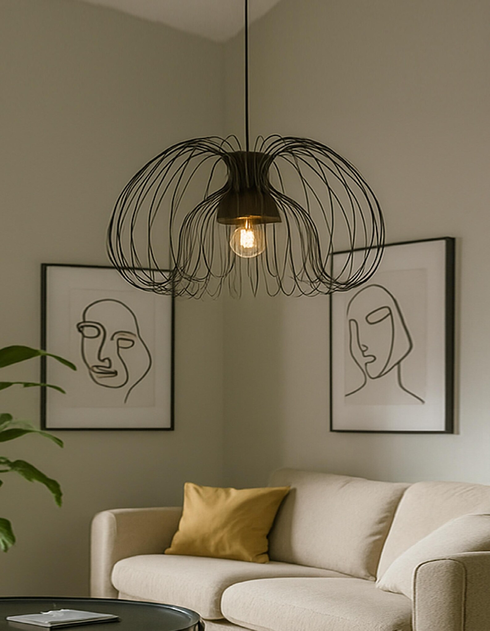 Modern Wire Frame Pendant Light – Artistic Sculptural Ceiling Lamp for Living Room, Dining Room, Kitchen or Entryway Decor