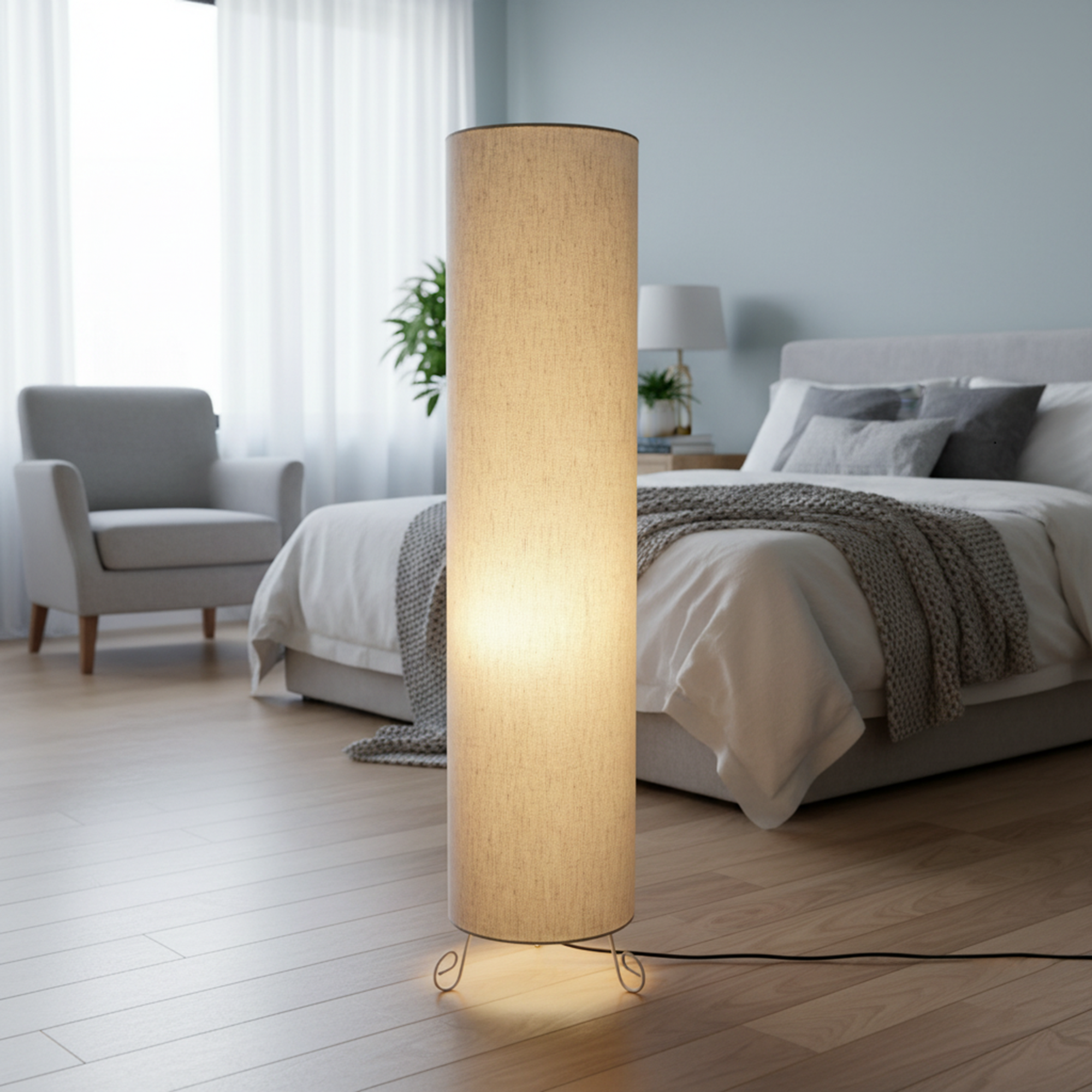 Modern Round Metal Floor Lamp with Fabric Shade - Image 8