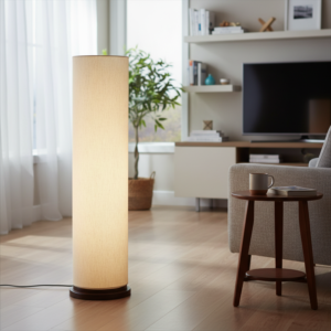 Modern Cylinder Floor Lamp with Fabric Drum Shade & Wooden Base – Tall Standing Lamp for Living Room, Bedroom, Office, Hotel Lobby – Soft Ambient Lighting - Flex