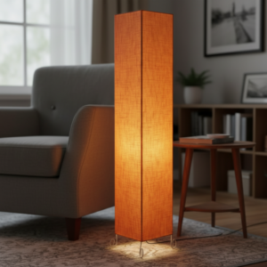 Modern Orange Texture Square Floor Lamp with Fabric Shade – Tall Standing Corner Lamp for Living Room, Bedroom & Office – Soft Ambient Lighting Decorative Tower Light