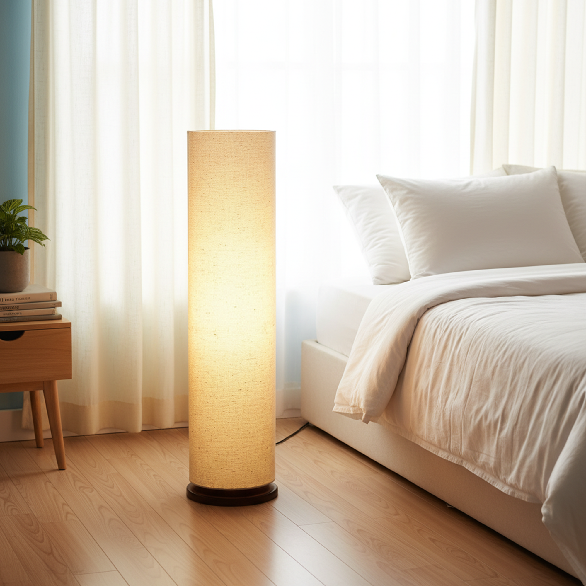 Modern Cylinder Floor Lamp with Fabric Drum Shade & Wooden Base – Tall Standing Lamp for Living Room, Bedroom, Office, Hotel Lobby – Soft Ambient Lighting