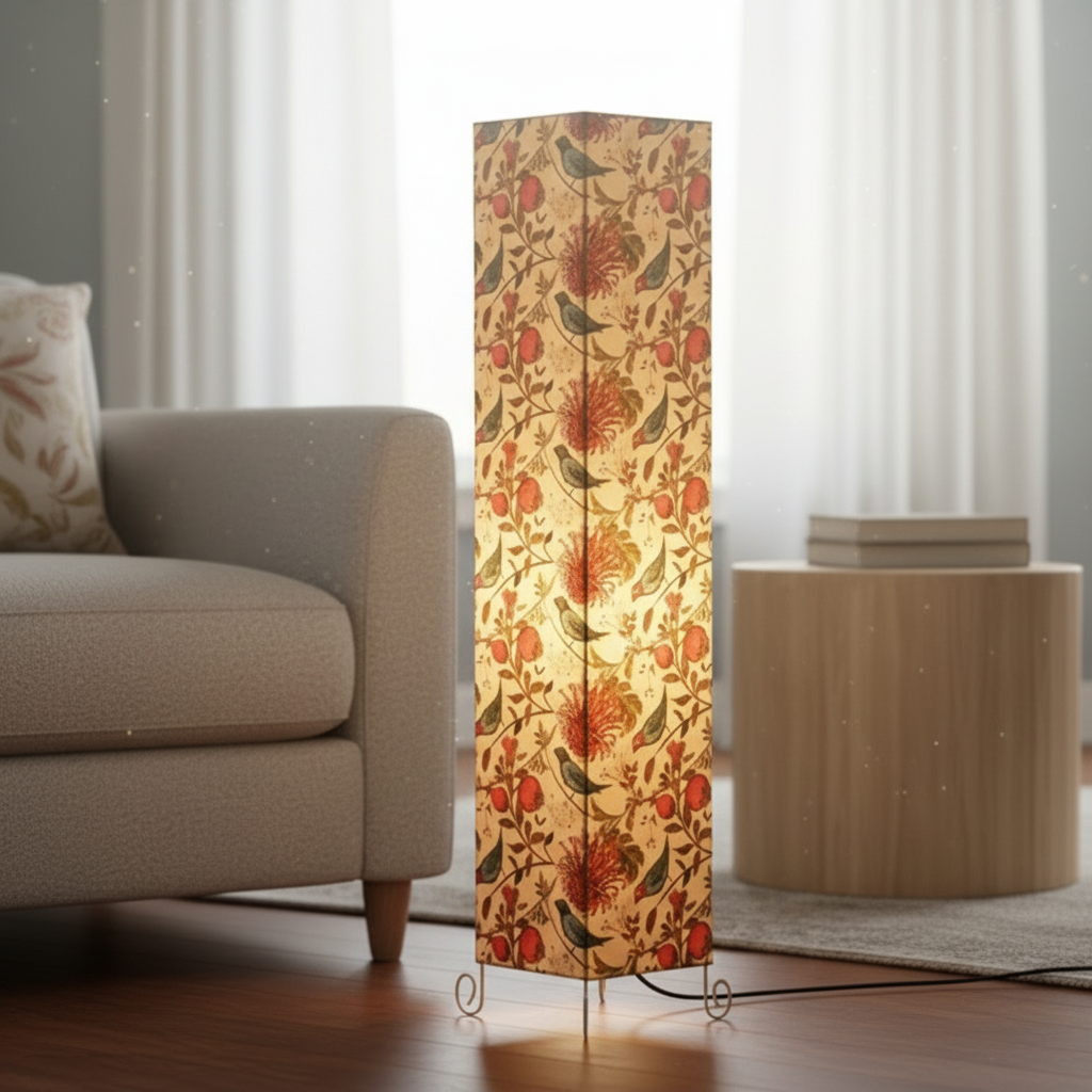 Modern Bird Floral Square Floor Lamp with Fabric Shade – Tall Standing Corner Lamp for Living Room, Bedroom & Office – Soft Ambient Lighting Decorative Tower Light