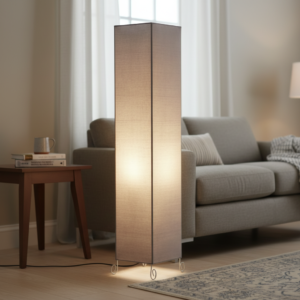 Modern Grey Square Floor Lamp with Fabric Shade – Tall Standing Corner Lamp for Living Room, Bedroom & Office – Soft Ambient Lighting Decorative Tower Light