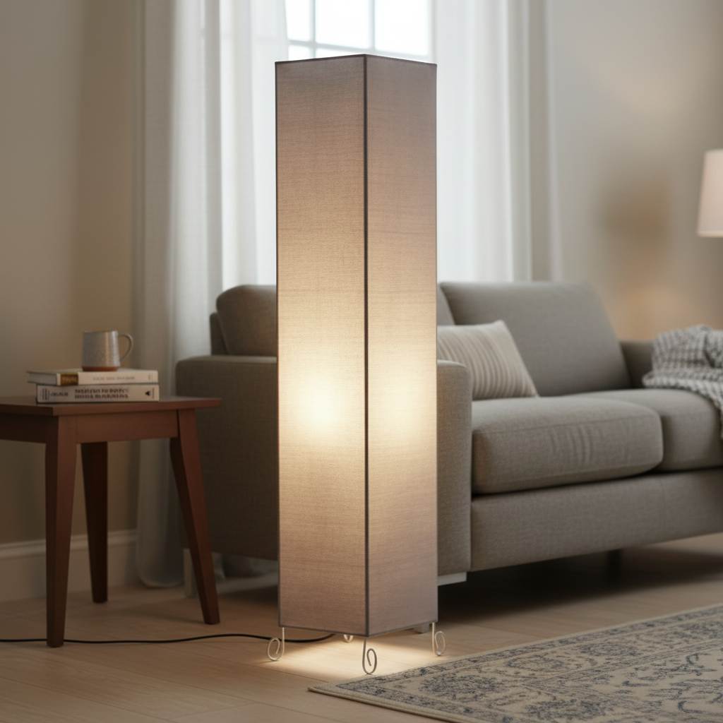 Modern Grey Square Floor Lamp with Fabric Shade – Tall Standing Corner Lamp for Living Room, Bedroom & Office – Soft Ambient Lighting Decorative Tower Light