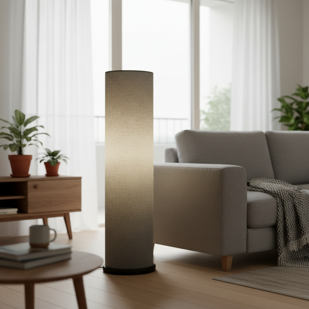 Wooden Base Cylinder Shape Corner Decorative Floor Lamp, Grey- Pack Of 1