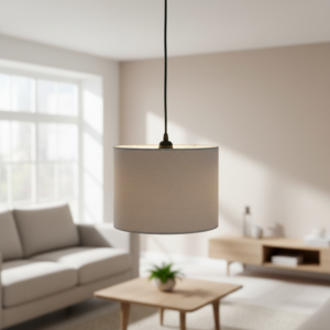 10-Inch Grey Drum Fabric Pendant Light – Soft Glow Hanging Ceiling Lamp, Warm Ambient Lighting for Reading Nook, Dining Area & Home Decor- Black Canopy