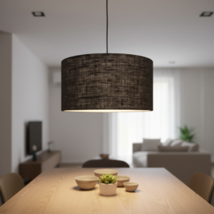 18 Inches Pendant/Hanging Ceiling Light Fixture, Black Jute Drum Shade for Bedroom, Kitchen, Living Room, Dining Table, Lobby, Kitchen, Black/Silver Canopy